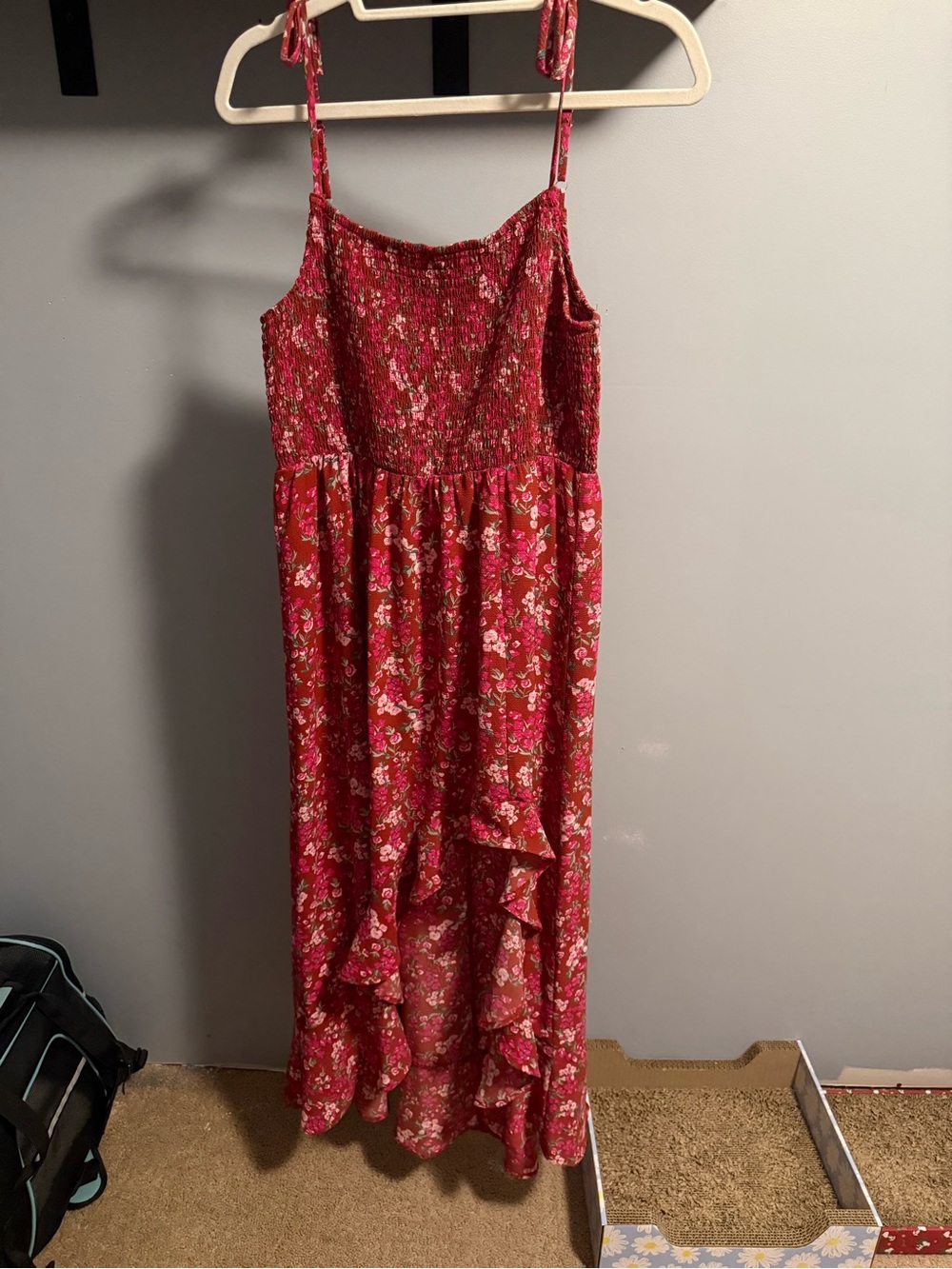 Crystal Doll Red Floral Smocked high low Dress